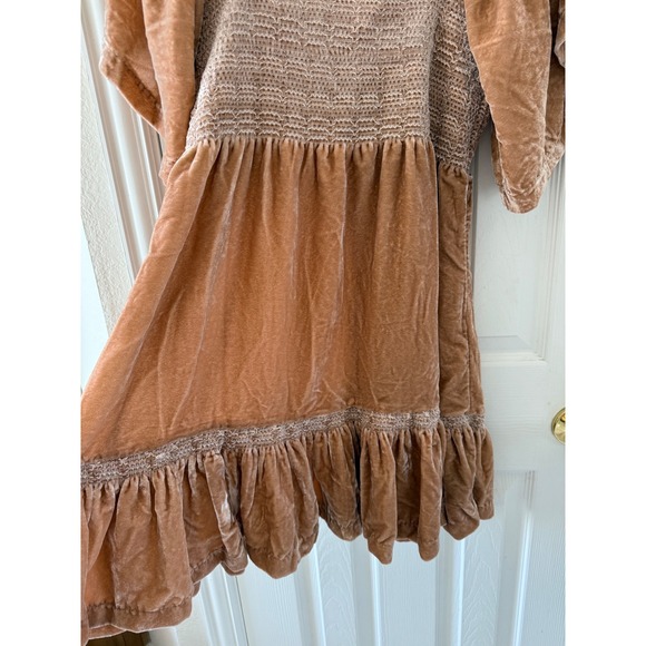 Free People Easy to Love Mini Dress Velvet Smocked Ruffle Babydoll Bohemian - Picture 3 of 9